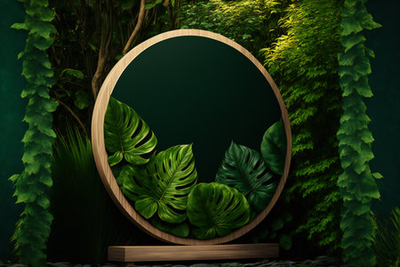 a round wooden frame with tropical leaves on a green backgroundの素材