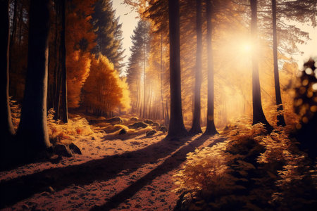 Autumn forest with sunbeams and fog.の素材