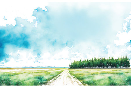 Abstract watercolor painting of rural road in the countryside with trees.の素材