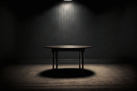 Empty wooden table in dark room with spotlight.の素材