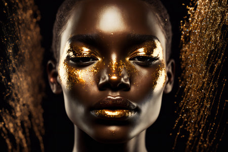 Close-up portrait of a beautiful African American woman with gold makeup.の素材