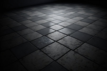 Tiled floor in dark room. Abstract background.の素材