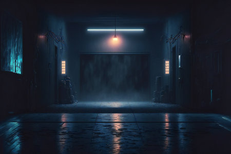 a dark corridor with a door and a lampの素材