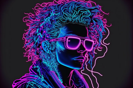 Portrait of a woman with afro hairstyle in neon light.の素材