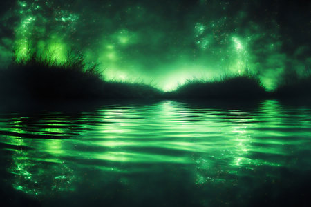 Fantasy aurora borealis in the night over the water.の素材