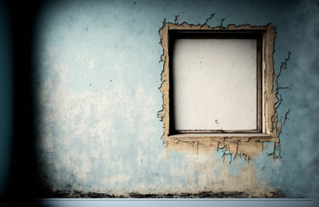 Old grunge wall with empty frame. Photo in old color image styleの素材