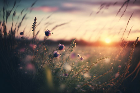 Beautiful meadow with purple flowers at sunset. Vintage tonedの素材