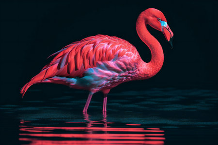 Pink flamingo on a black background with reflection in water.の素材
