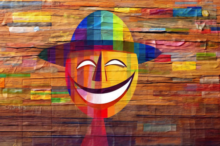 Smiling man with hat on colorful background.の素材