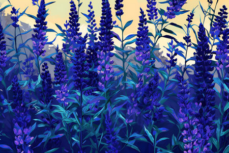 Lavender flowers on background of mountains and blue sky.の素材