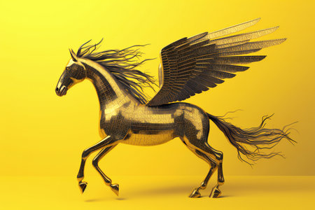 Golden horse with wings on yellow background.の素材