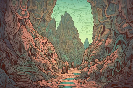 Fantasy landscape with mountains and a river.の素材