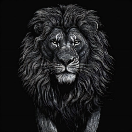 Portrait of a lion on a black background.の素材