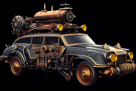 an old car isolated on a black background.の素材