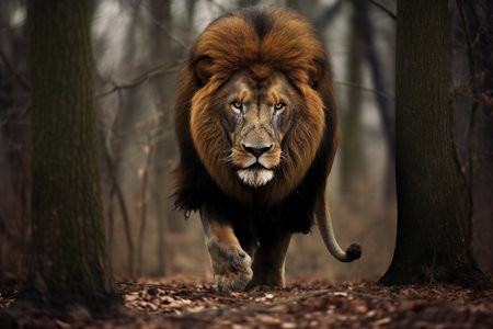 Big male lion walking in the forest. Wildlife scene from nature.の素材