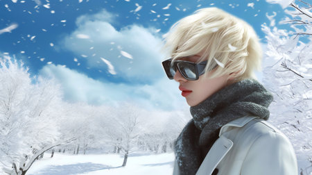 Beautiful blonde girl in winter park. Beauty, fashion. Optics style.の素材