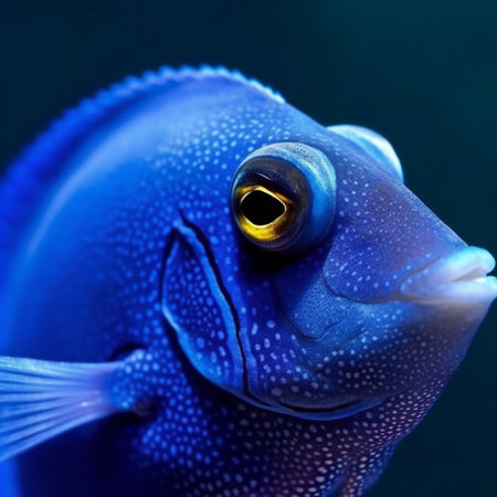 Blue tropical fish on a dark blue background. Close-up.の素材