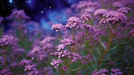 Purple flowers on a background of the night sky with stars.の素材