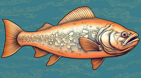 Illustration of a rainbow trout fish on a blue background with patternsの素材