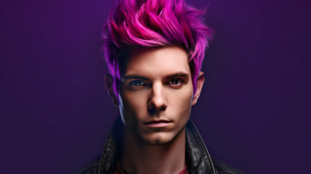 Portrait of young handsome man with pink hair on purple background.の素材