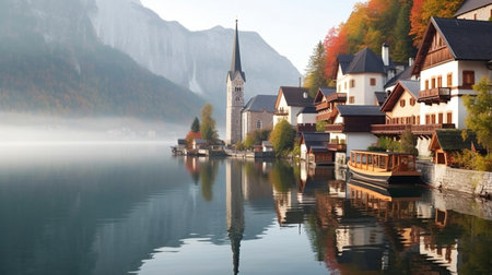 Hallstatt village on Hallstatter See lake in autumn, Austriaの素材