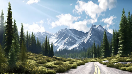 Road in the mountains with pine trees and blue sky.の素材