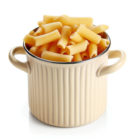 Penne pasta in a cup on a white background. Isolatedの素材