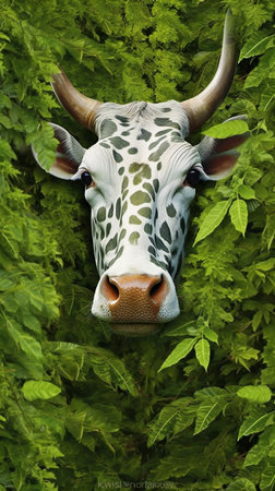 Head of a cow with green leaves on a background of nature.の素材