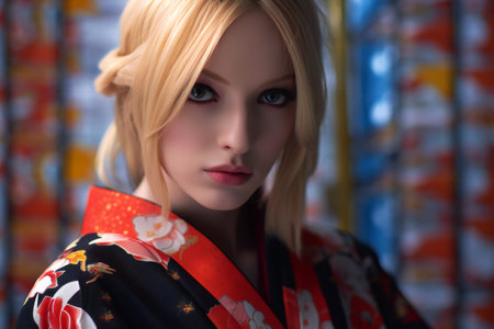 Beautiful japanese girl in kimono looking at cameraの素材