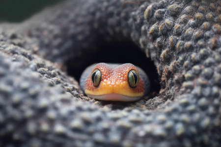 Close up of a gecko looking out of a hole in a rockの素材