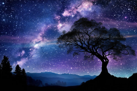 Digital composite of Silhouette of tree against starry night skyの素材