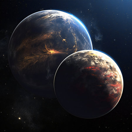 Two planets in space with stars and nebula,の素材