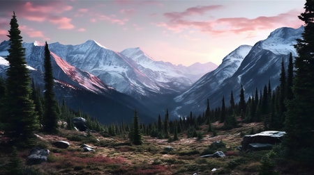 Mountain landscape with snow and forest at sunset.の素材