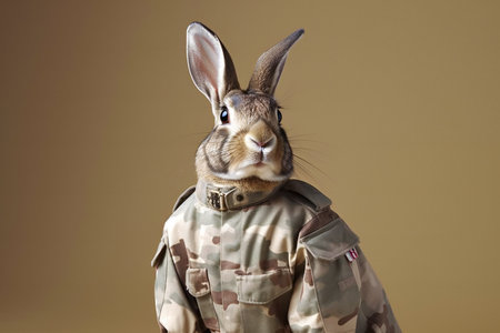 Rabbit in a military uniform on a brown background. Studio shot.の素材