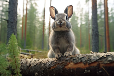 Rabbit in the forest on the background of the coniferous forest