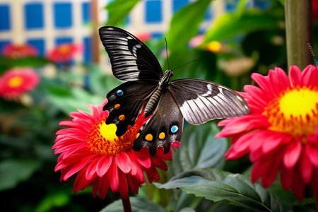 butterfly on red flower in garden, closeup of photoの素材