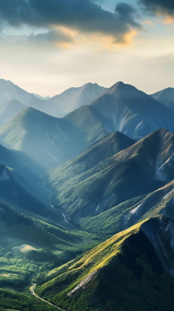 Mountain landscape with forest at sunset. Caucasus Mountains, Georgia.の素材
