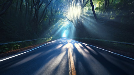 Asphalt road in the green forest with sunbeams passing throughの素材