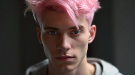 Portrait of a young man with pink hair. Close-up.の素材