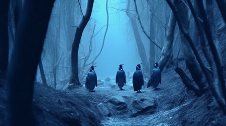 Group of penguins in a foggy forest. Blue tonedの素材