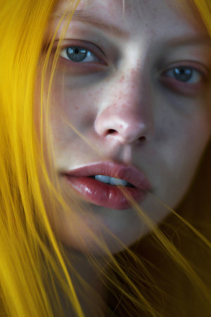 Portrait of a red-haired girl with freckles on her faceの素材