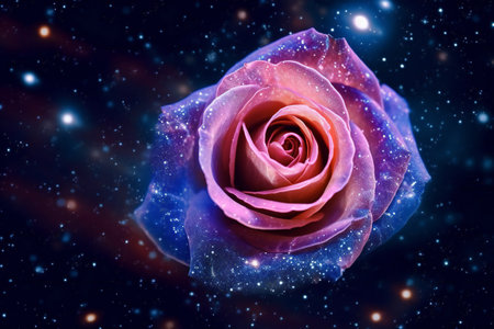 Beautiful pink rose on a starry background with space for textの素材