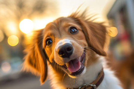 Portrait of a cute welsh springer spaniel dog at sunsetの素材