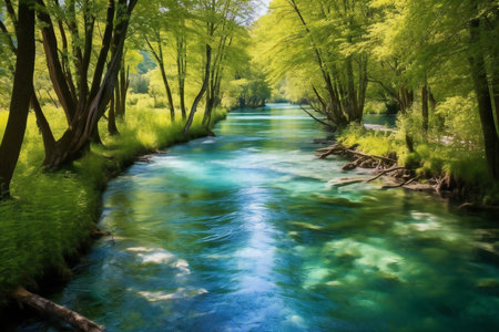 Beautiful landscape of fresh green forest and fast mountain river in springの素材