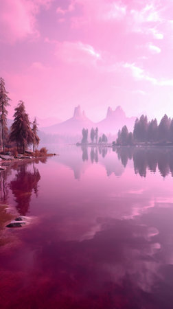 Beautiful landscape with foggy lake and mountains in the background.の素材