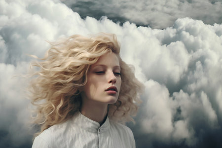 Portrait of a beautiful young woman with curly hair in the cloudsの素材