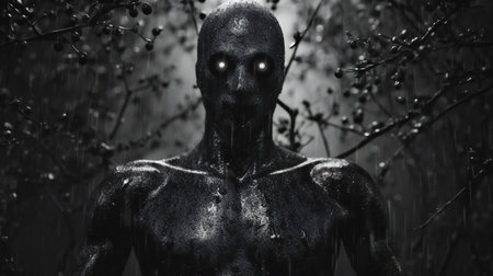 Creepy black alien in the rain.の素材