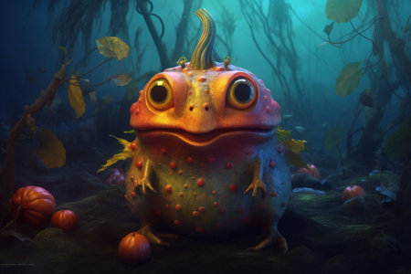 Frog in the aquarium with autumn leaves and pumpkins.の素材