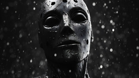 Close-up of a creepy black alien face under rain.の素材