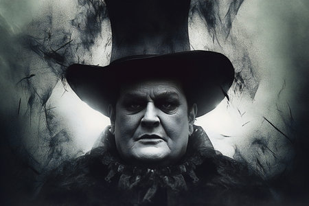 Creepy man in a black hat and a black cloak. Halloween.の素材